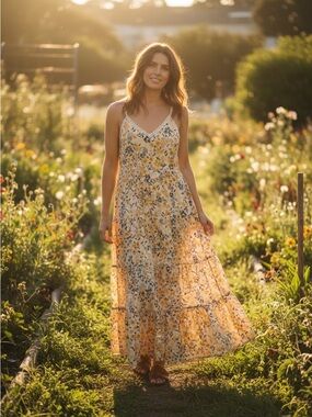 Floral Lace-Trim Yellow Maxi Dress